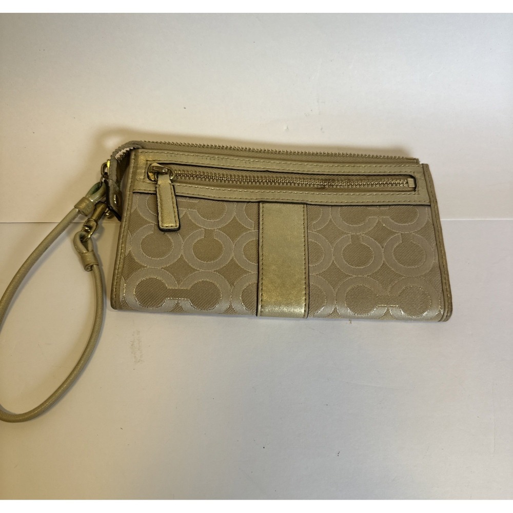 Gold Wristlet Wallet 7 1/2"x 4 1/2" Red Lining. Zippers & Hand Strap